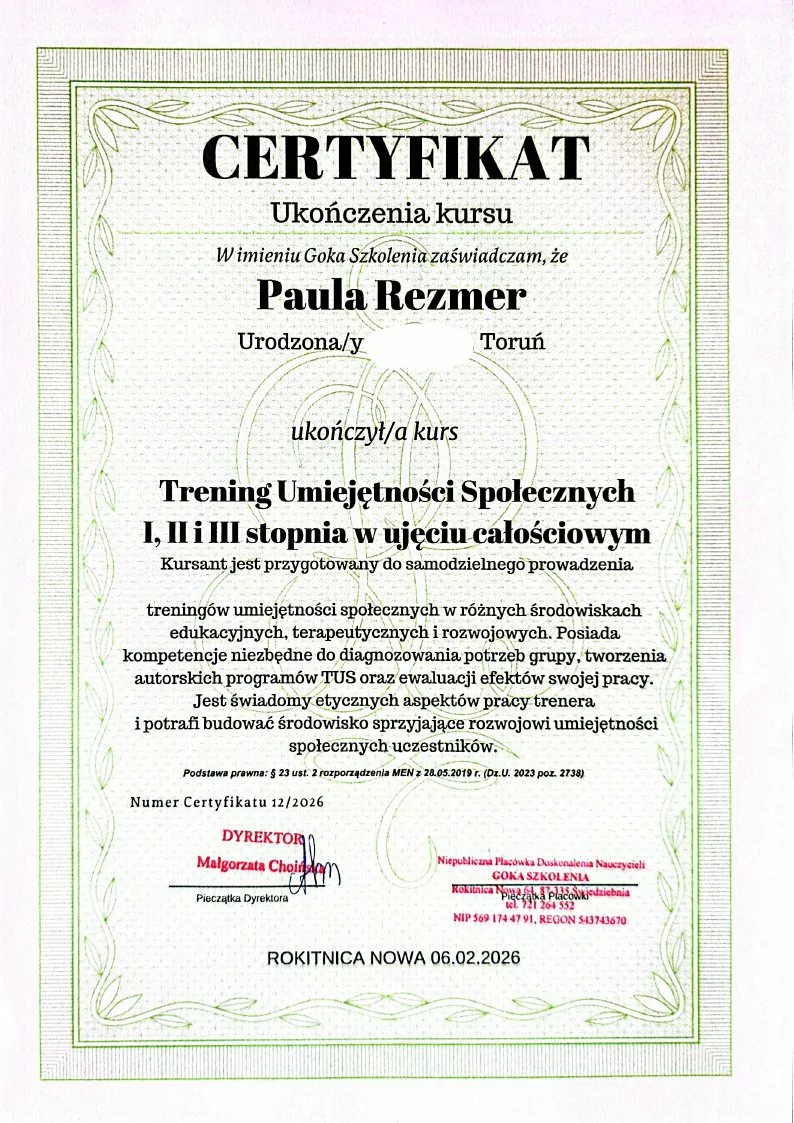 Certyfikat Paula Rezmer – dokument numer 1