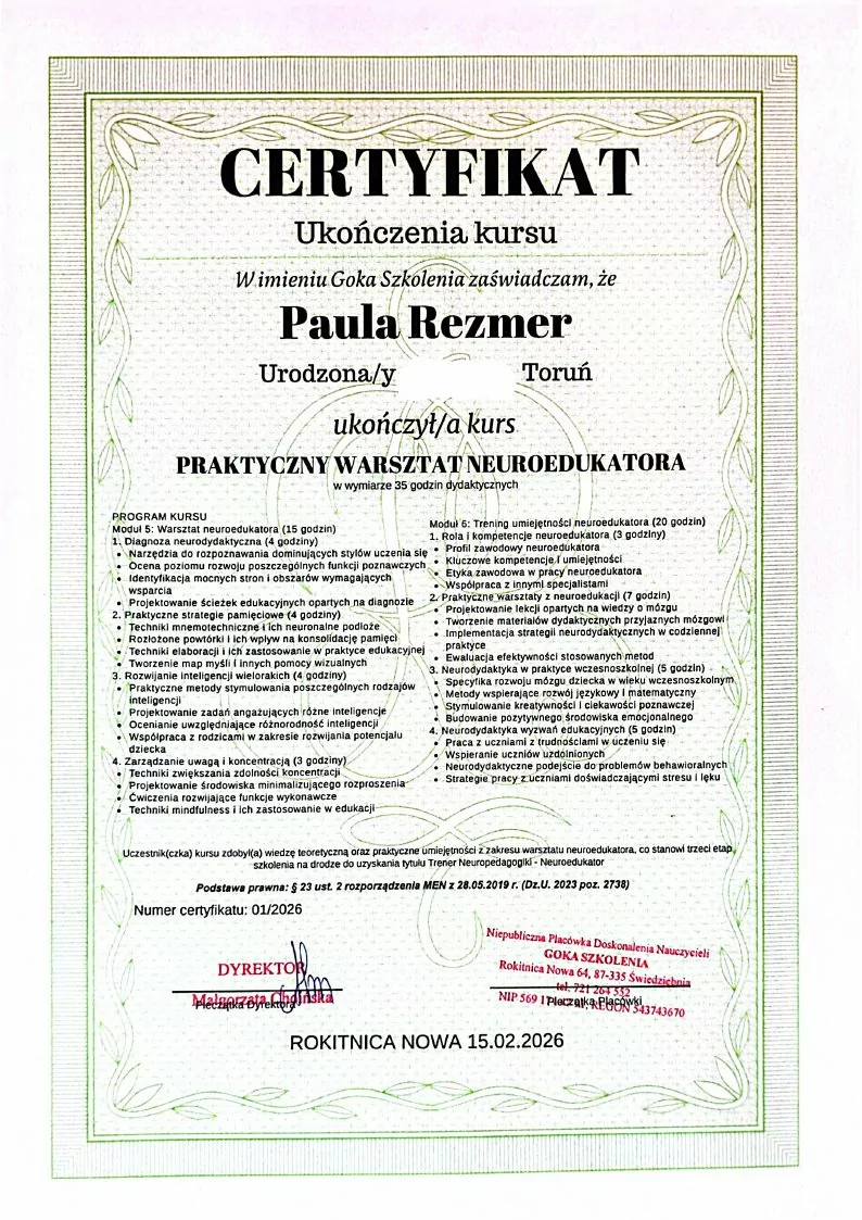 Certyfikat Paula Rezmer – dokument numer 2