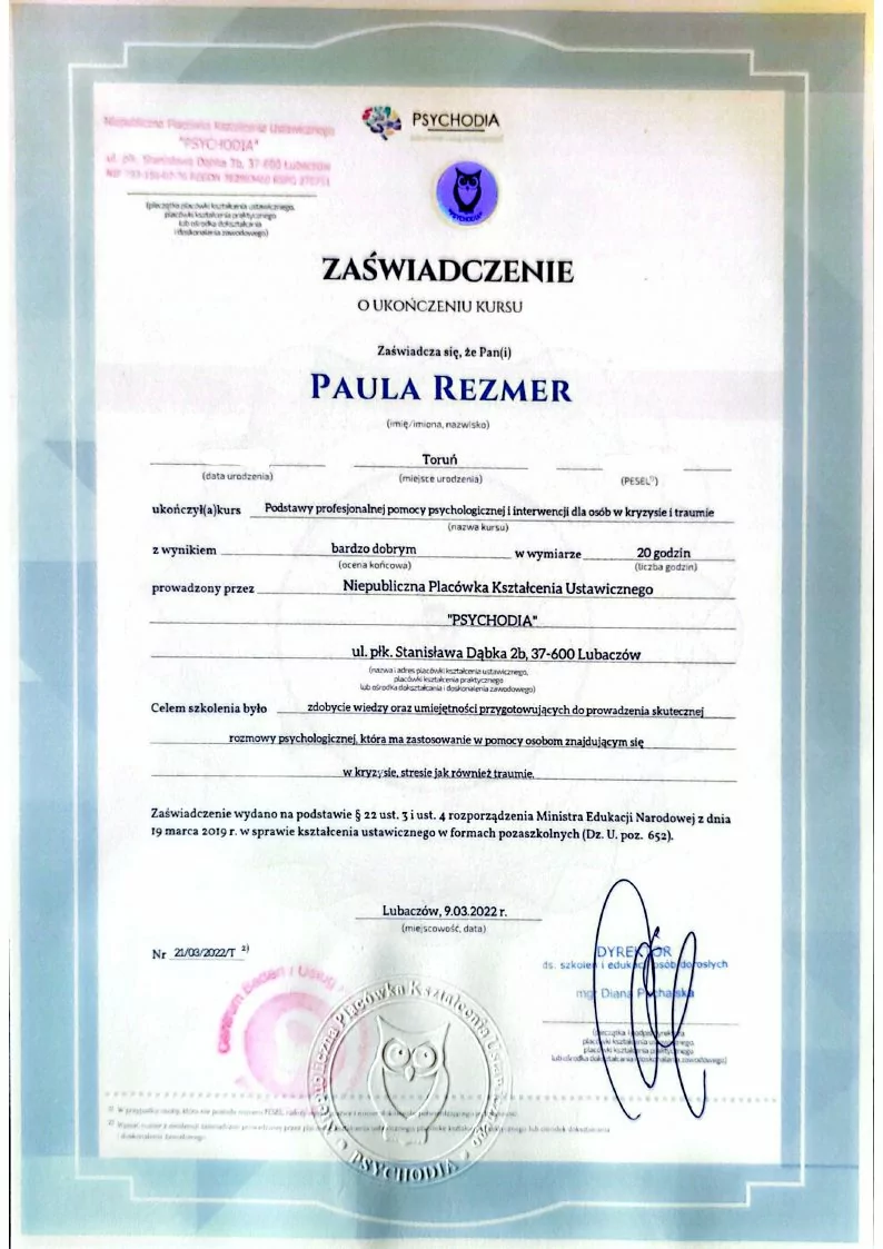 Certyfikat Paula Rezmer – dokument numer 3